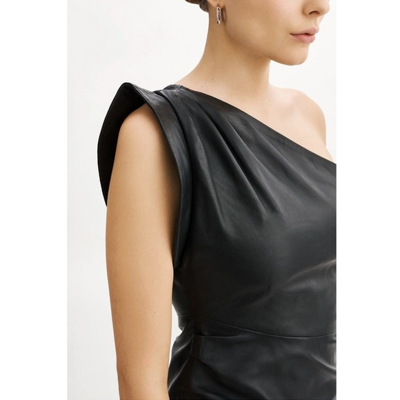 Lamarque Corey Lamb Leather One Shoulder Draped Mini Dress - Picture 4 of 13